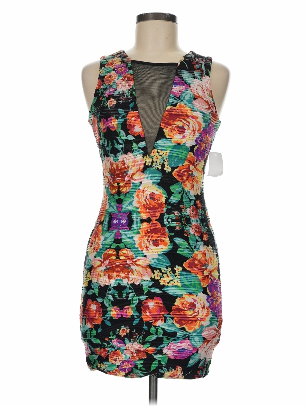 NWT Charlotte Russe Black Floral Mesh Plunge Bodycon Dress M MEDIUM